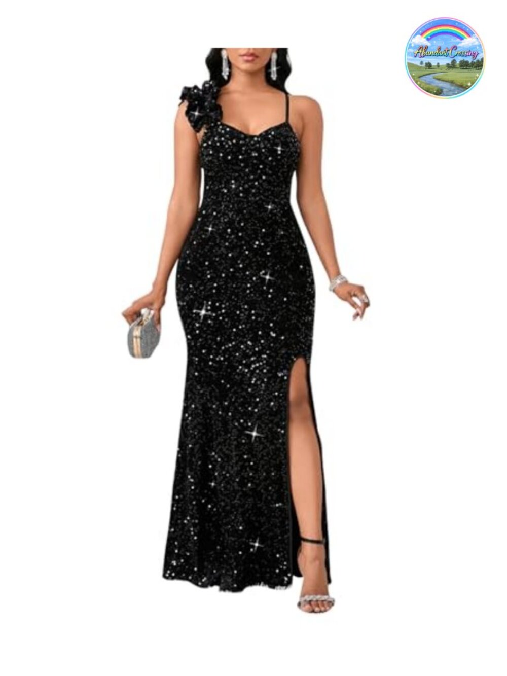 Women Sequin High Split Ruffled Hem Mermaid Formal Evening Gown Maxi Dress